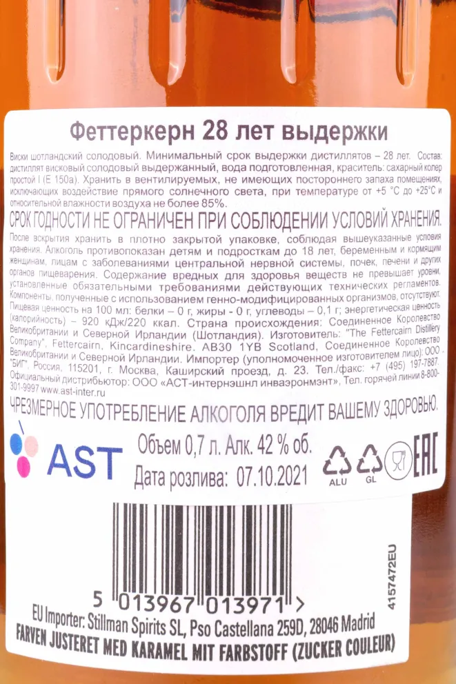 Контрэтикетка Fettercairn 28 Years Old gift box 0.7 л