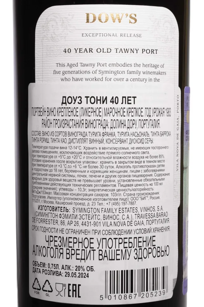 Контрэтикетка Dows 40 years Tawny 1983 0.75 л
