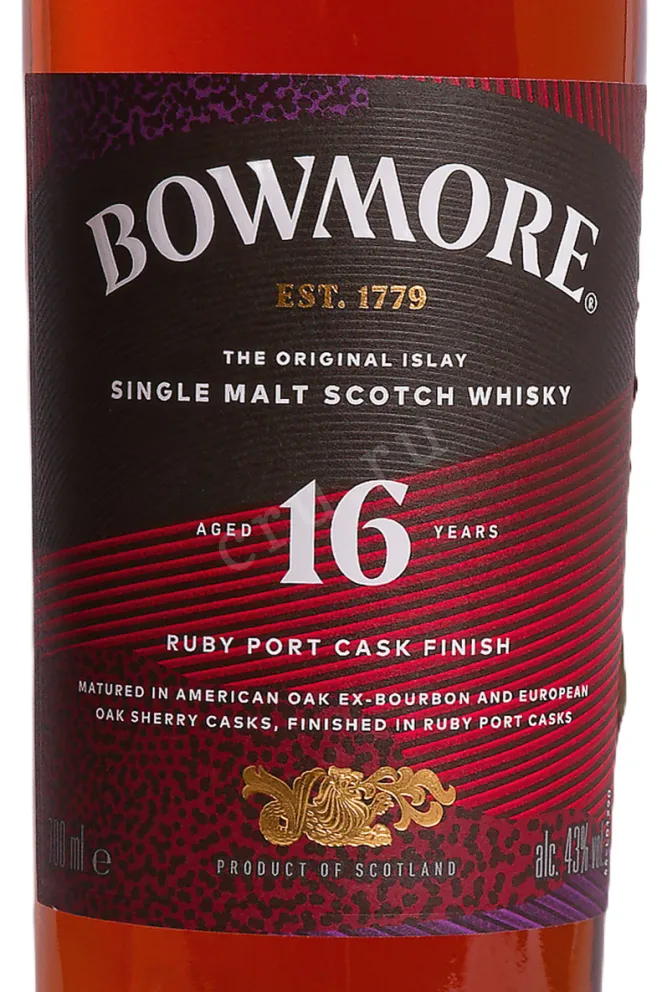Этикетка Bowmore Ruby Cask Finish 16 years in gift box 0.7 л
