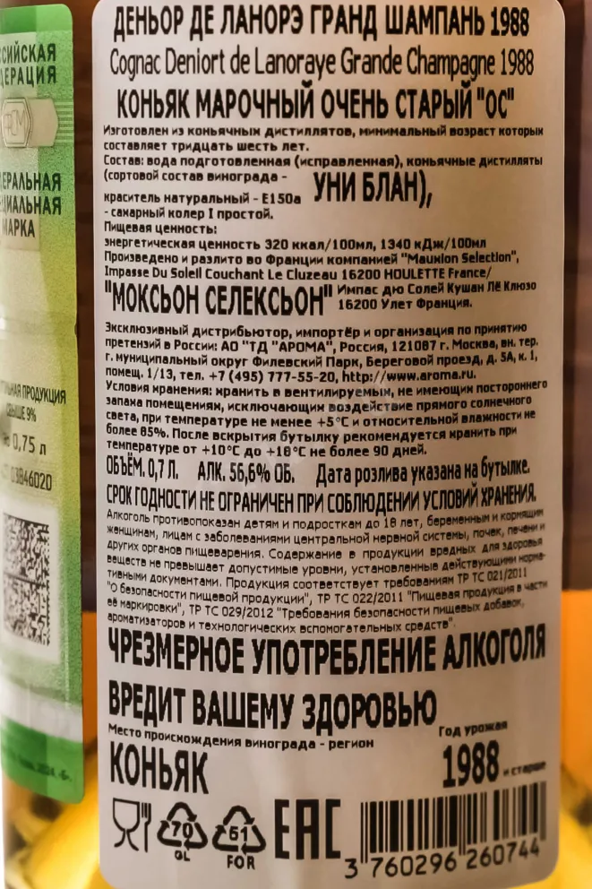 Контрэтикетка Коньяк Деньор де Ланорэ Гранд Шампань 1988г 56,5% 0,7л в д/у Франция 1988