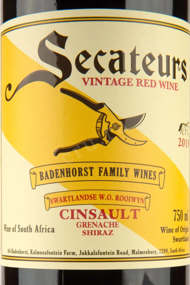 Этикетка Secateurs Badenhorst family wines 2019 0.75 л