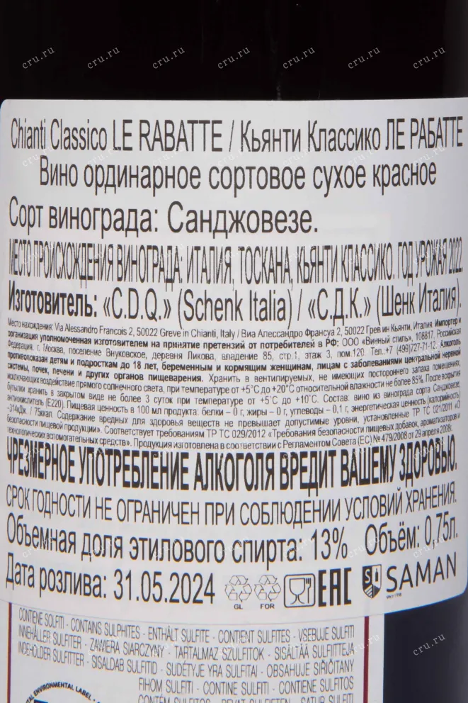 Контрэтикетка Le Rabatte Chianti Classico 2022 0.75 л