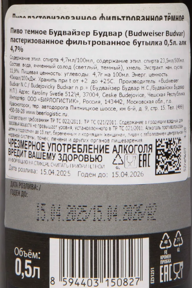 Контрэтикетка Budweiser Budvar Darck 0.5 л