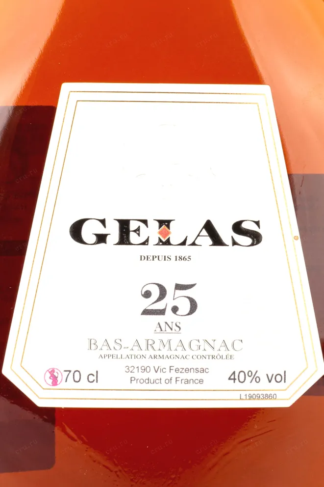 Этикетка Gelas Bas Armagnac 25 ans decanter in gift box 0.7 л