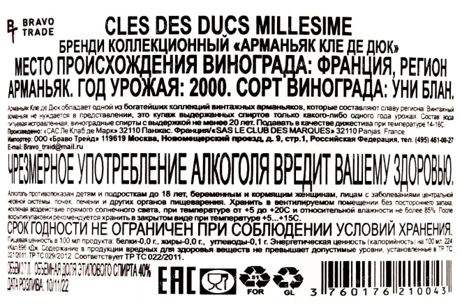 Контрэтикетка Cles des Ducs Millesim 2000 0.7 л