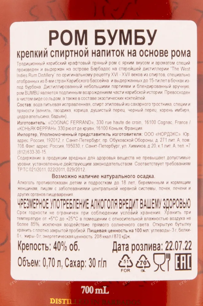 Контрэтикетка рома Бумбу Ориджинал 0.7