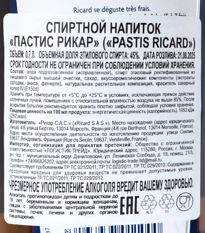 Контрэтикетка Aperetif Ricard anise 0.7 л