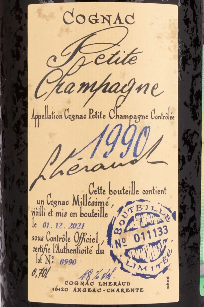 Этикетка Lheraud Fins Bois wooden box 1990 0.7 л