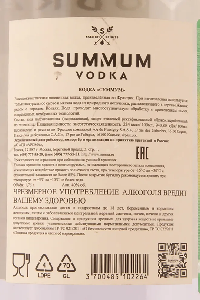 Контрэтикетка водки Суммум 1.75