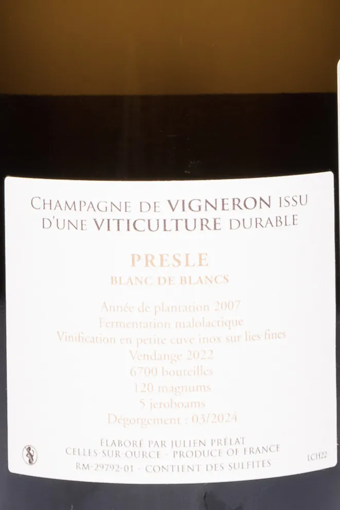 Контрэтикетка Julien Prelat Presle Blanc de Blancs AOC Extra Brut 2022 0.75 л
