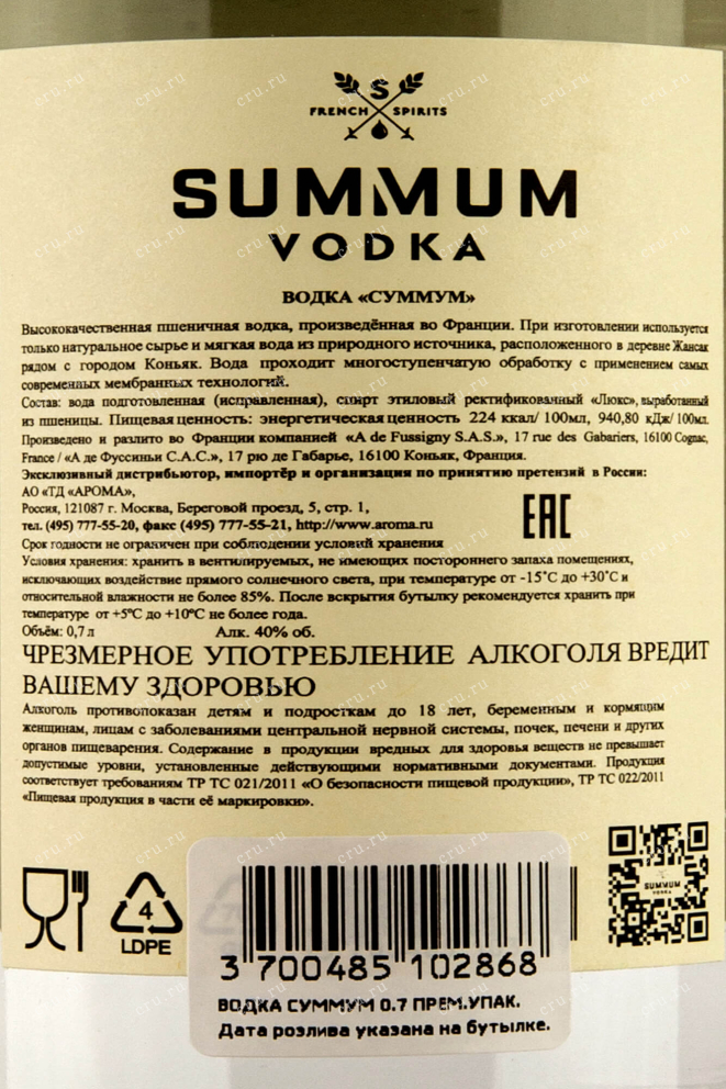 Контрэтикетка Summum 0.75 л
