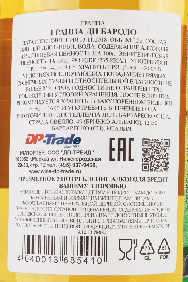 Контрэтикетка Gaja Grappa di Barolo in tube 0.5 л