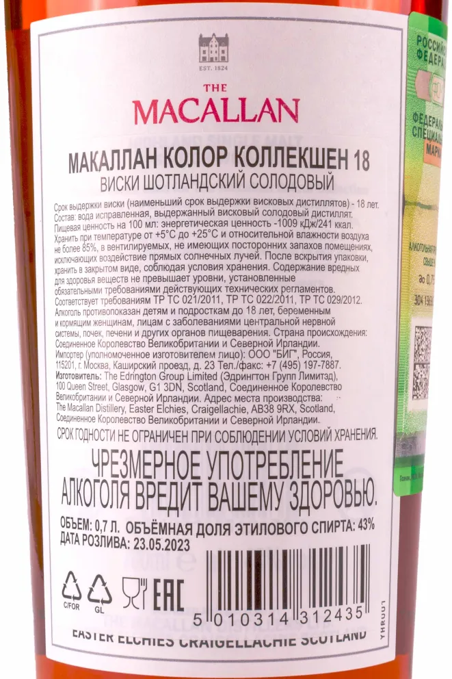 Контрэтикетка Macallan Colour Collection 18 years old gift box 0.7 л