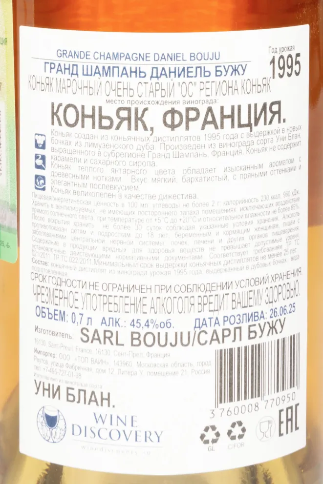 Контрэтикетка Daneil Bouju Grande Champagne Premier Cru De Cognac in gift box 1995 0.7 л