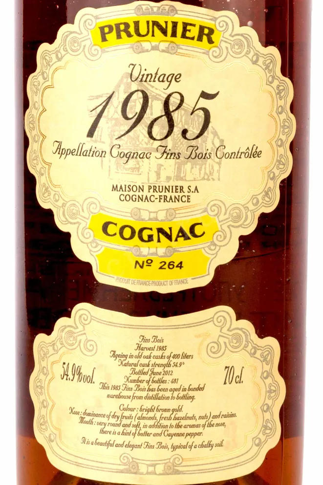 Этикетка Prunier Fins Bois Vintage 1985 wooden box 1985 0.7 л