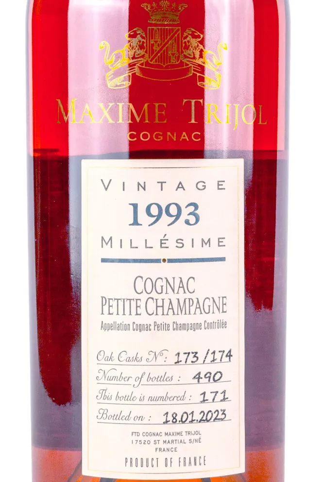 Этикетка Maxime Trijol Vintage Petite Champagne in wooden box 1993 0.7 л