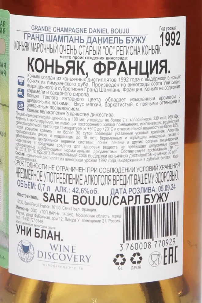 Контрэтикетка Daneil Bouju Grande Champagne Premier Cru De Cognac in gift box 1992 0.7 л