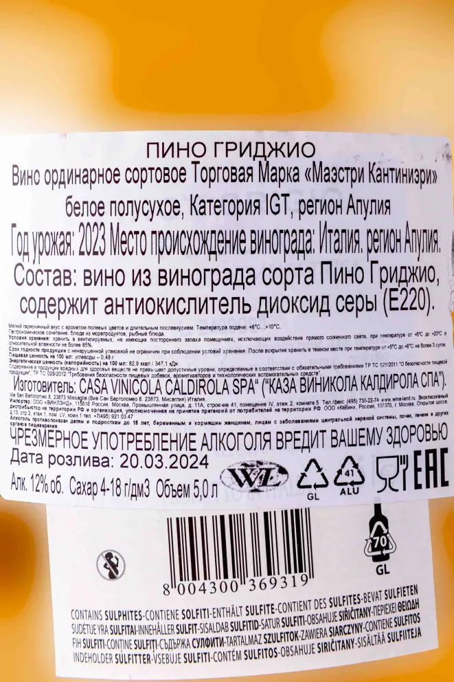 Контрэтикетка Pinot Grigio Trade Mark Maestri Cantinieri Puglia 2023 5 л