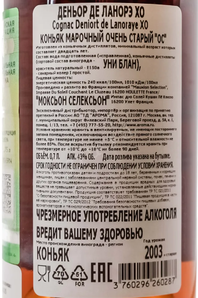 Контрэтикетка Коньяк Деньор де Ланорэ ХО 43% 0,7л в п/у Франция