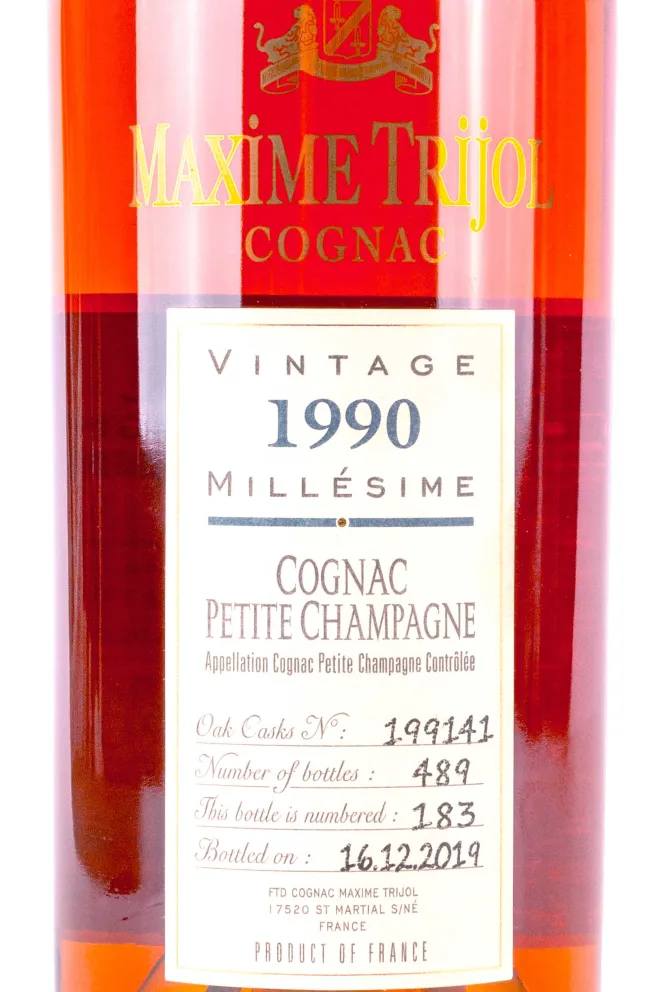 Этикетка Maxime Trijol Petite Champagne in wooden box 1990 0.7 л