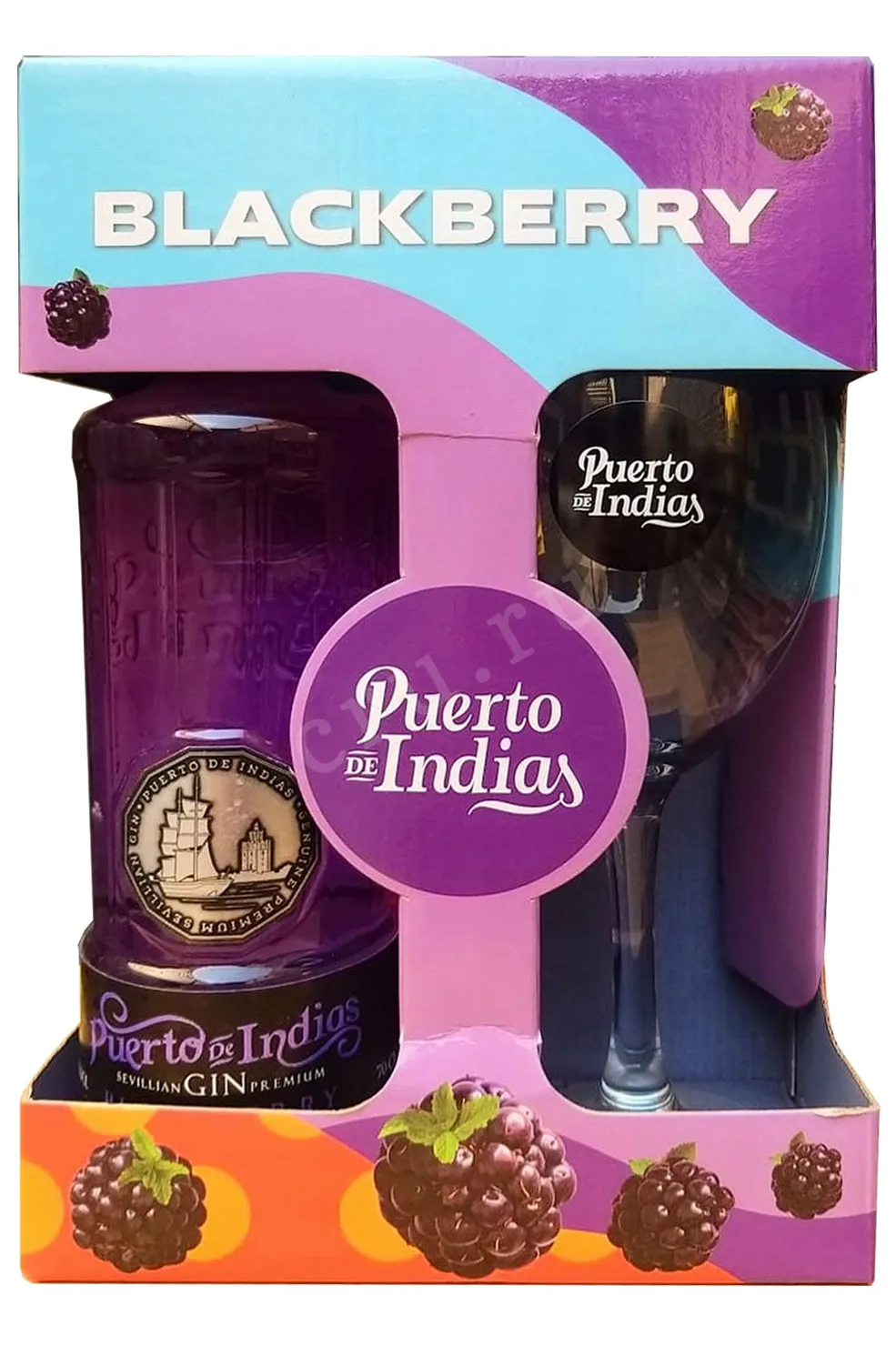Фото — Джин Puerto de Indias Sevillian Premium Blackberry in gift box with glass  0.7 л