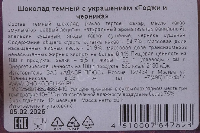 Шоколад Чокоделика тёмный с украшением Годжи и Черника 50 г