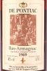 Этикетка Bas-Armagnac De Pontiac wooden box 1969 0.7 л
