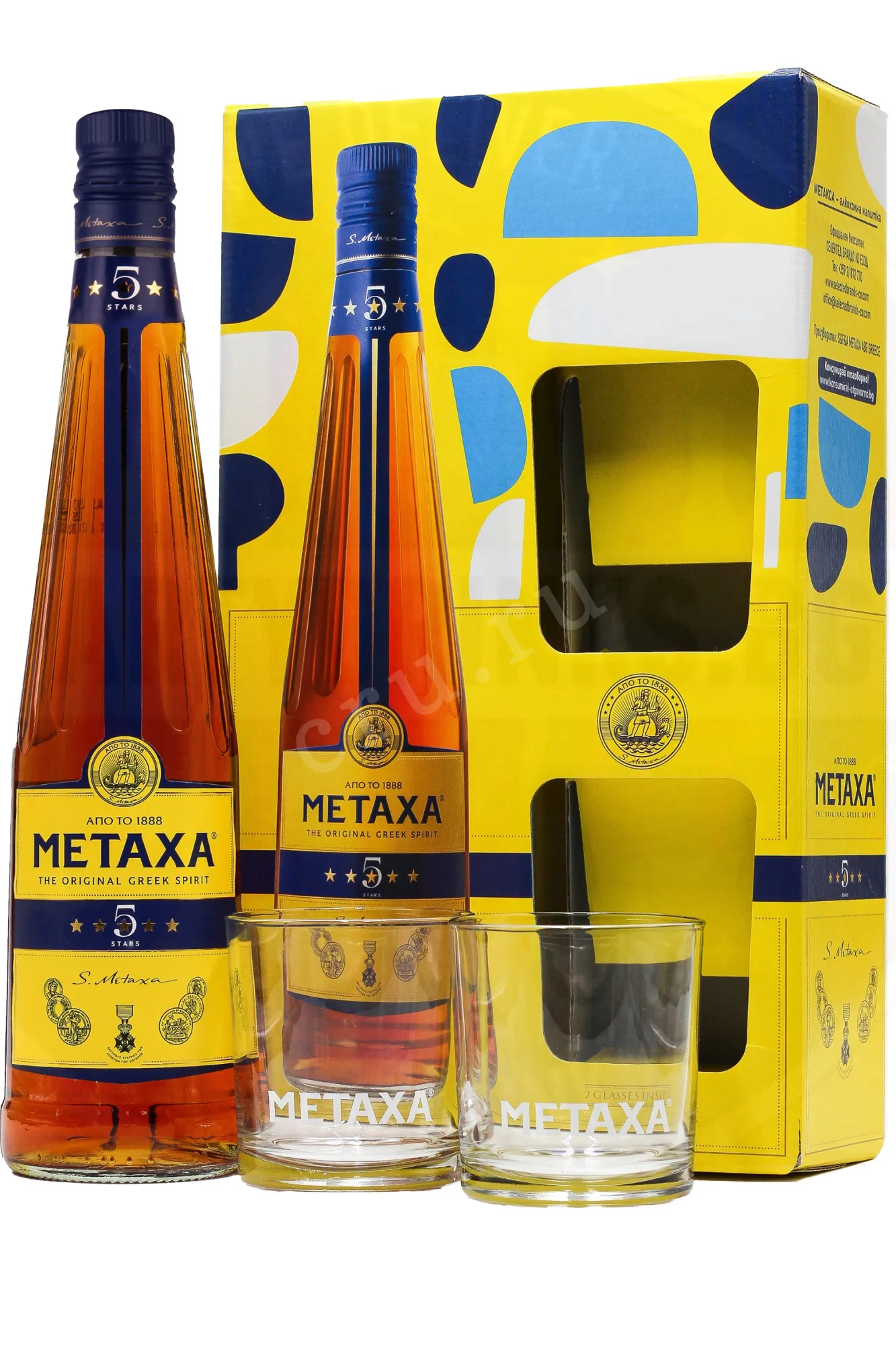Фото — Бренди Metaxa 5 stars gift box with 2 glasses  0.7 л