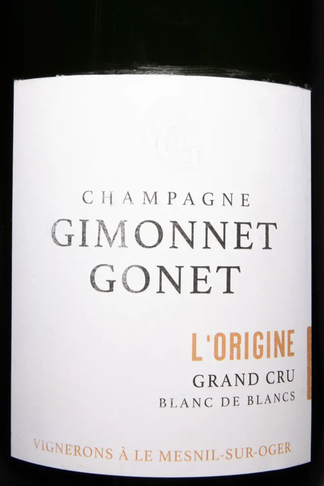 Этикетка Gimonnet Gonet L'Origine Blanc de Blancs Grand Cru Champagne in wooden box 2021 3 л