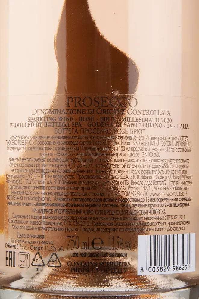 Контрэтикетка игристого вина Bottega Prosecco Rose Brut 0.75 л