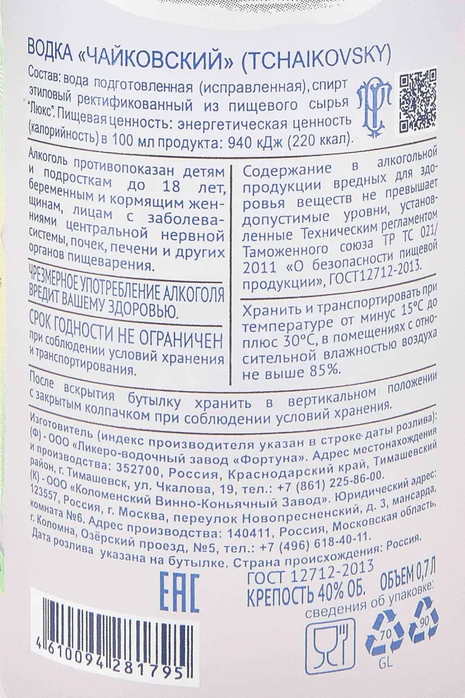 Контрэтикетка Tchaikovsky 0.7 л