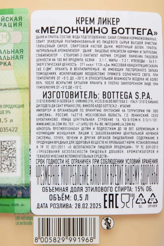 Контрэтикетка Bottega Meloncino Crema Di Meloni 0.5 л