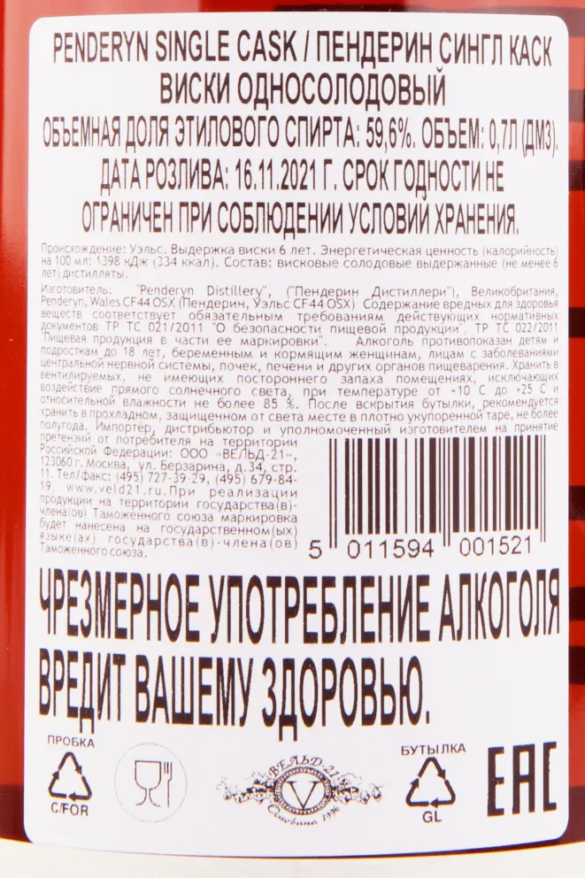 Контрэтикетка виски Penderyn Single Cask 0.7