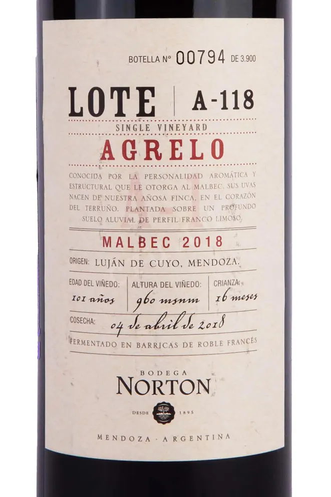 Этикетка Norton Agrelo Lote A-118 2018 0.75 л
