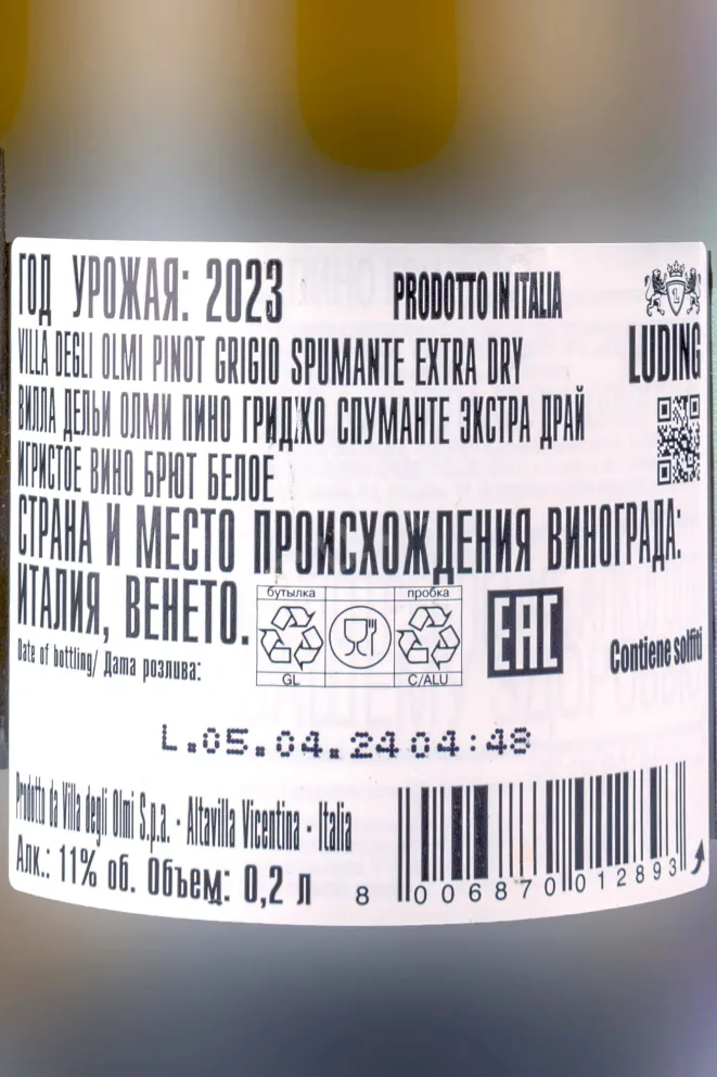 Контрэтикетка Villa degli Olmi Pinot Grigio Spumante Extra Dry 2023 0.2 л