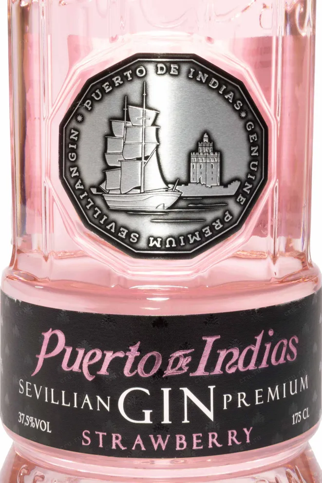 Этикетка Puerto de Indias Sevillian Gin Premium Strawberry in gift box 1.75 л