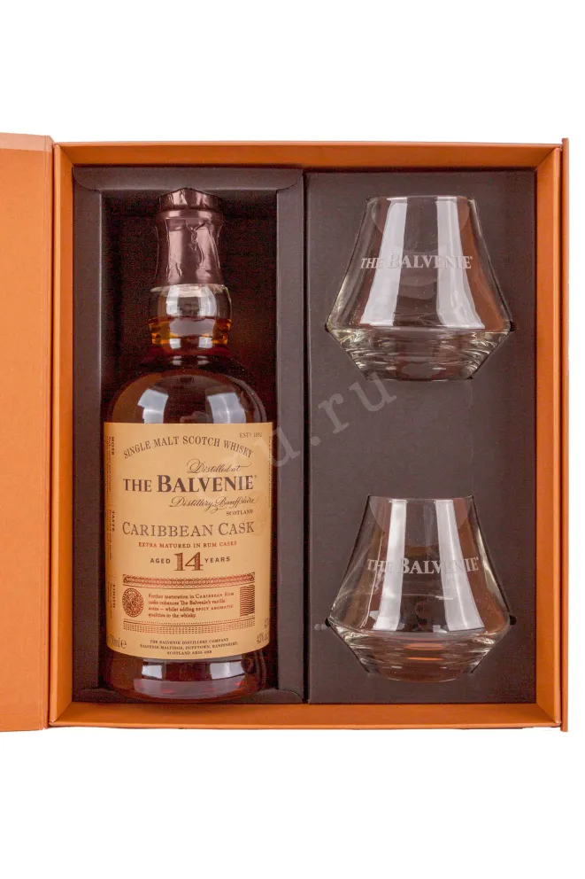 В подарочной коробке Balvenie Caribbean Cask 14 years old in giftset with 2 glasses 0.75 л